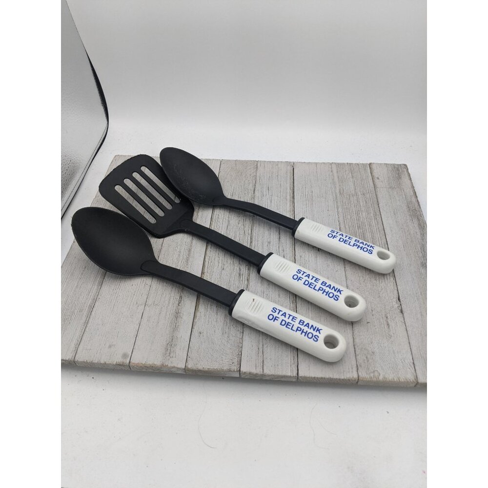 Set of 3 Nylon Utensils Solid Spoon Slotted Spatula Turner Flipper Black Plastic